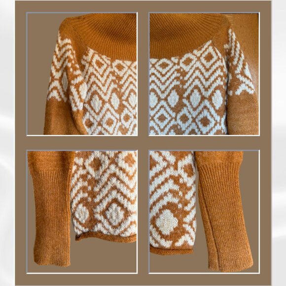Free People Small Turtleneck Sweater Brown Cream Fair Isle Alpaca Mohair NWOT - Picture 13 of 13